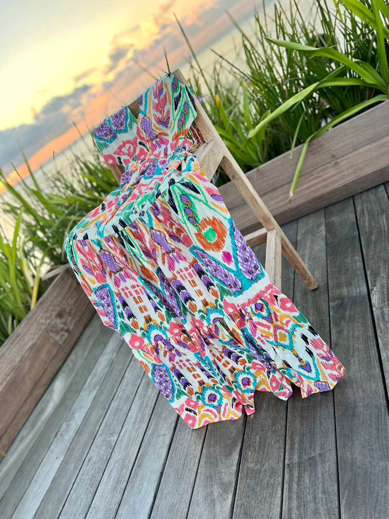 Multi-Colored Fiesta Tribal Bow Tie Flowy Maxi Dress