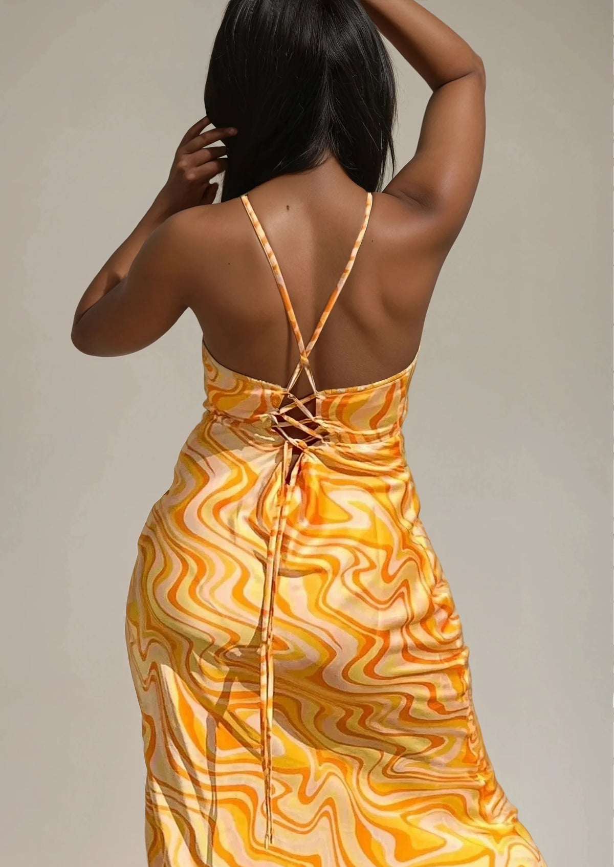 Sunset Orange Yellow Swirl Satin Halter Midi Dress