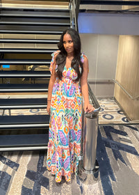 Multi-Colored Fiesta Tribal Bow Tie Flowy Maxi Dress