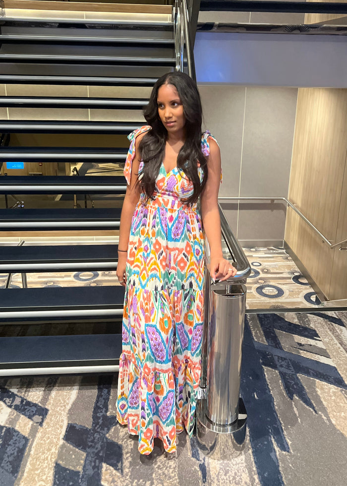 Multi-Colored Fiesta Tribal Bow Tie Flowy Maxi Dress