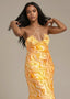Sunset Orange Yellow Swirl Satin Halter Midi Dress - ELTENAJ