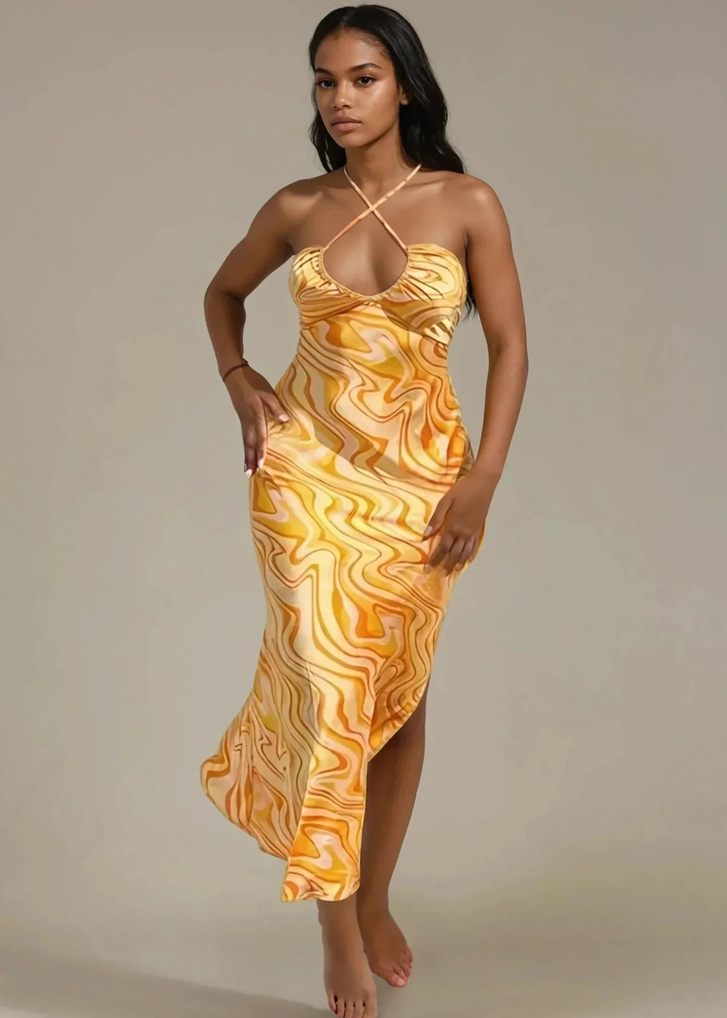 Sunset Orange Satin Halter Midi Dress | Vacation Dress | ELTENAJ Medium Sunset Orange Satin Halter Midi Dress | Vacation Dress | ELTENAJ Medium