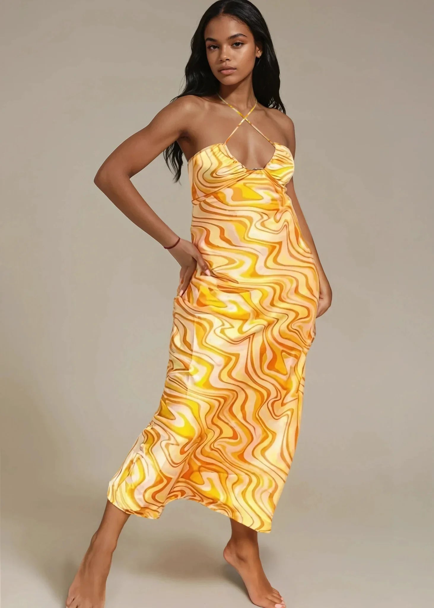 Sunset Orange Satin Halter Midi Dress | Vacation Dress | ELTENAJ Medium Sunset Orange Satin Halter Midi Dress | Vacation Dress | ELTENAJ Medium