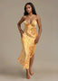 Sunset Orange Yellow Swirl Satin Halter Midi Dress - ELTENAJ