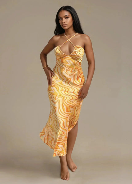 Sunset Orange Satin Halter Midi Dress | Vacation Dress | ELTENAJ Medium