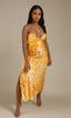 Sunset Orange Yellow Swirl Satin Halter Midi Dress